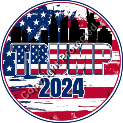 Trump 2024 campaign badge with American flag colors  skyline  and Statue of Liberty silhouette Thumbnail
