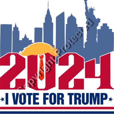 Trump 2024 campaign graphic with skyscrapers and text I VOTE FOR TRUMP in bold colors  Thumbnail